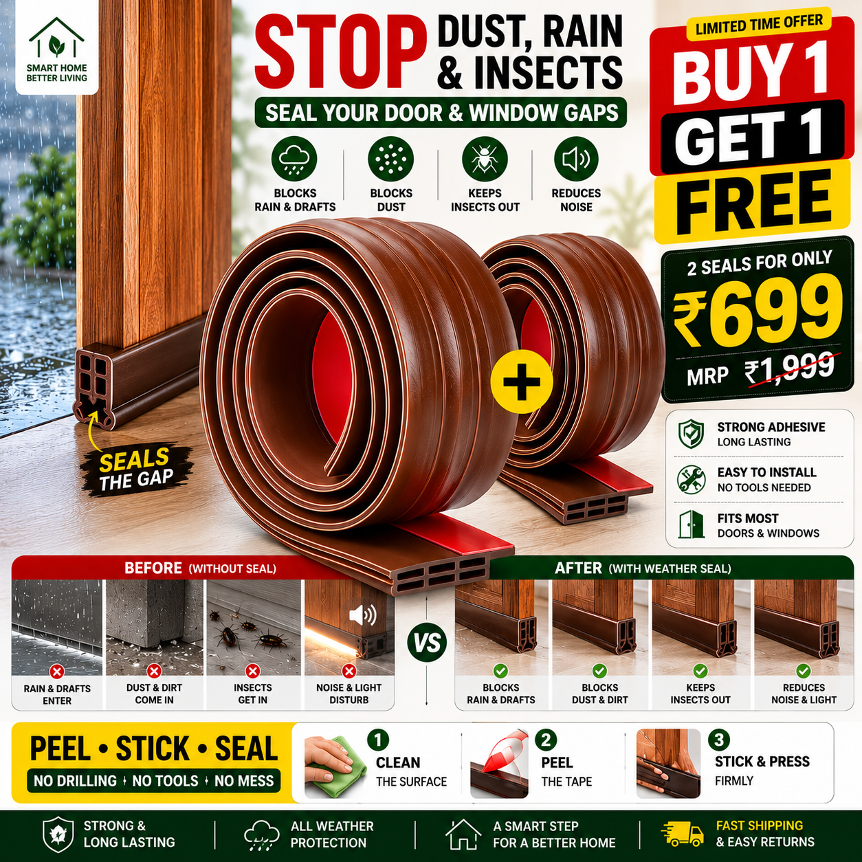 UNIVERSAL DOOR BOTTOM WEATHER SEAL | BLOCKS DUST, RAIN & INSECTS – BUY 1 GET 1 FREE