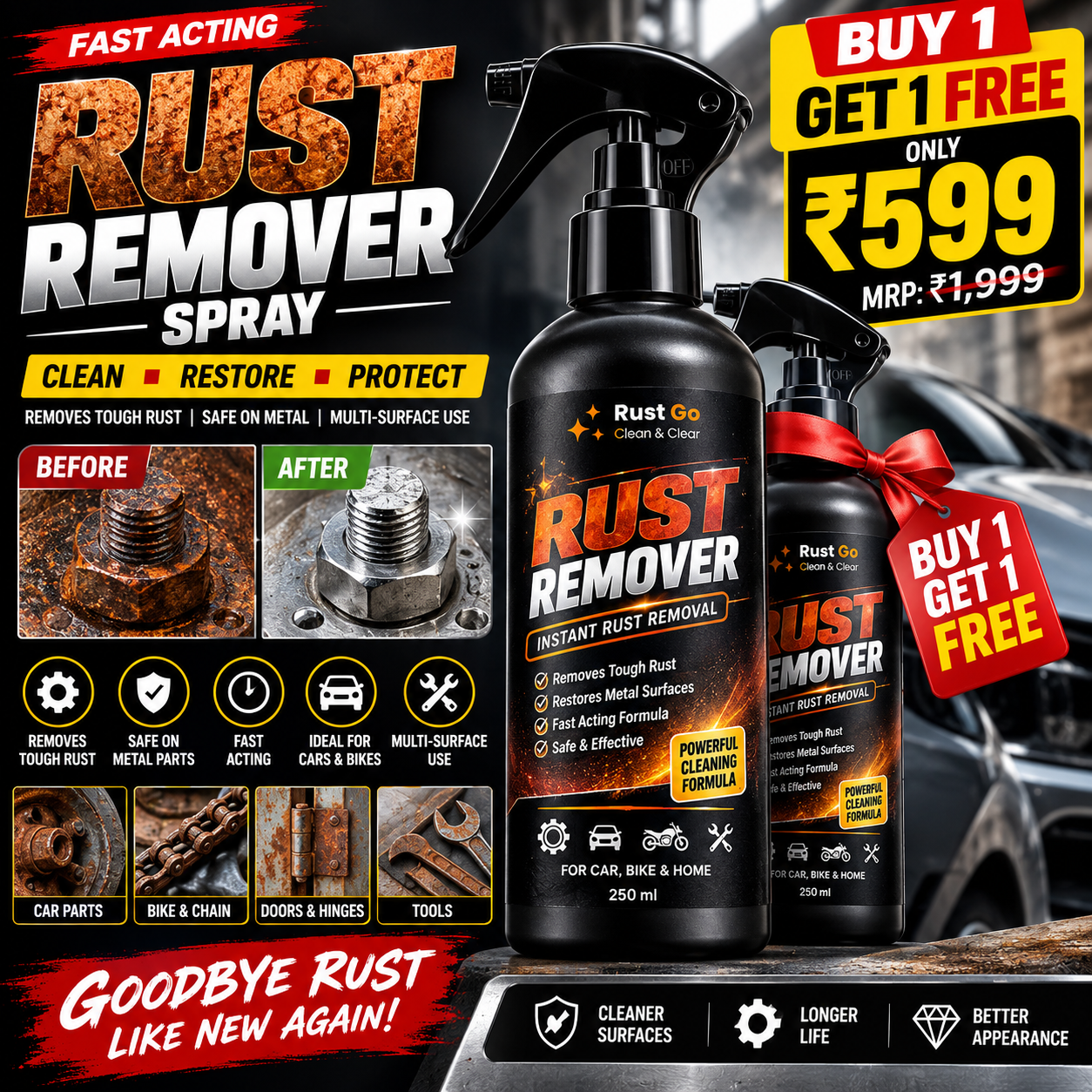 RUST GO RUST REMOVER SPRAY – FAST RUST REMOVAL FOR CARS, BIKES & METAL | BUY 1 GET 1 FREE