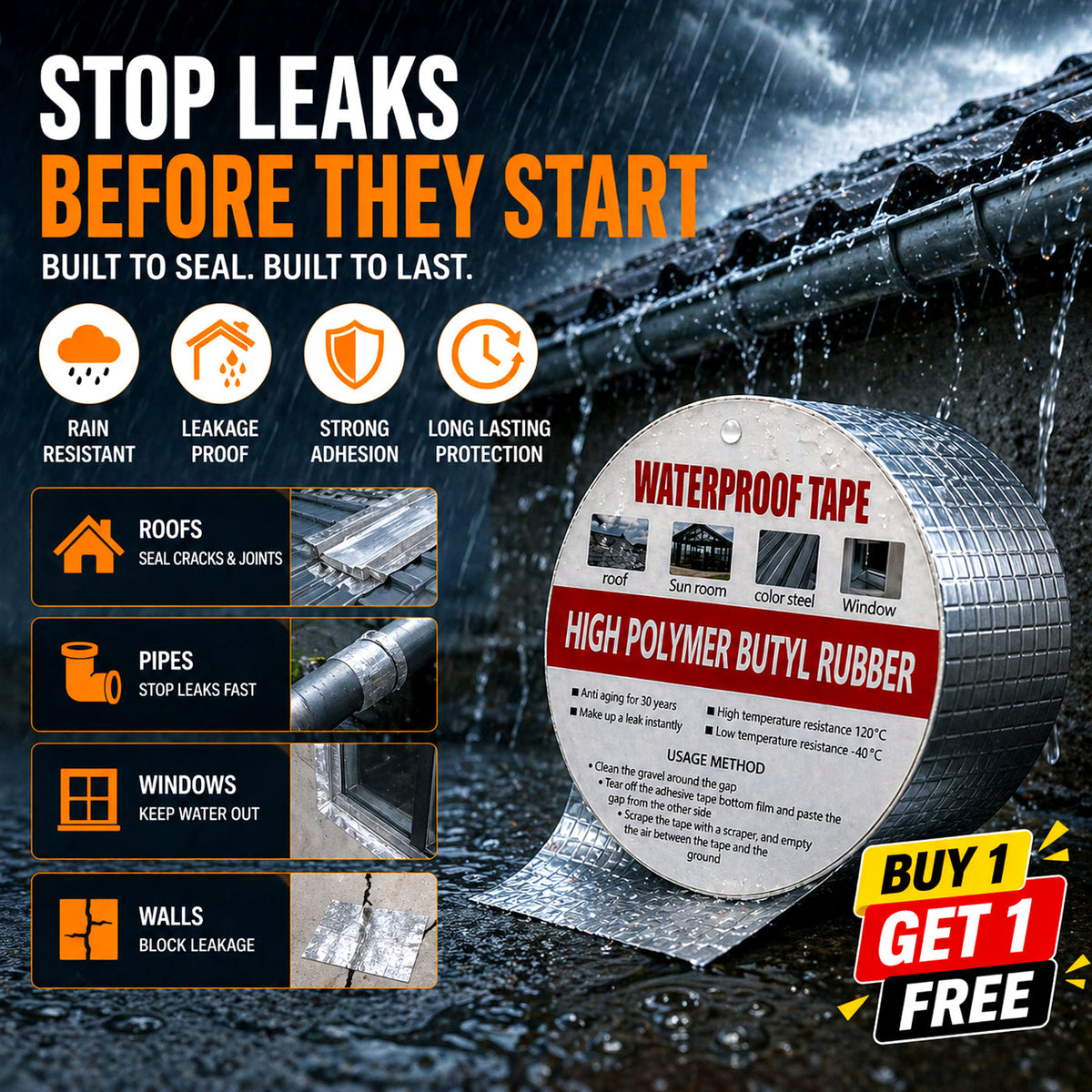 WATERPROOF BUTYL TAPE – LEAK REPAIR & SEALING TAPE | BUY 1 GET 1 FREE