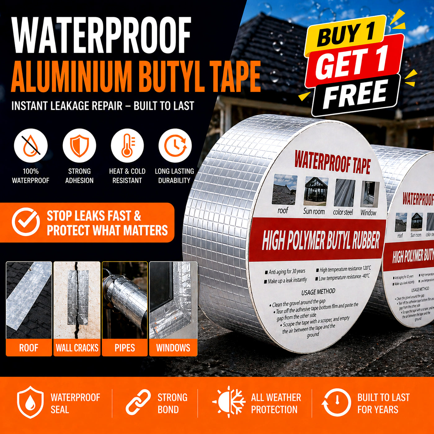 WATERPROOF BUTYL TAPE – LEAK REPAIR & SEALING TAPE | BUY 1 GET 1 FREE